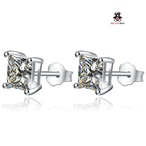 Red Leaf Bear - FREE Shipping - Something for Everyone Earrings Sterling Silver Square Shape CZ Studs