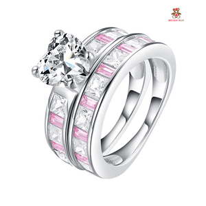 Red Leaf Bear - FREE Shipping - Something for Everyone Ring 2pcs Sterling Silver Pink Cz Wedding/Engagement Ring Set