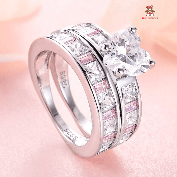 Red Leaf Bear - FREE Shipping - Something for Everyone Ring 2pcs Sterling Silver Pink Cz Wedding/Engagement Ring Set