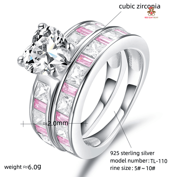 Red Leaf Bear - FREE Shipping - Something for Everyone Ring 2pcs Sterling Silver Pink Cz Wedding/Engagement Ring Set